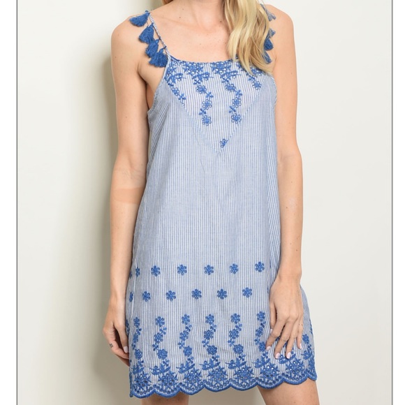 New Blue Embroidered Spaghetti Strap Tassel Dress - Picture 3 of 8